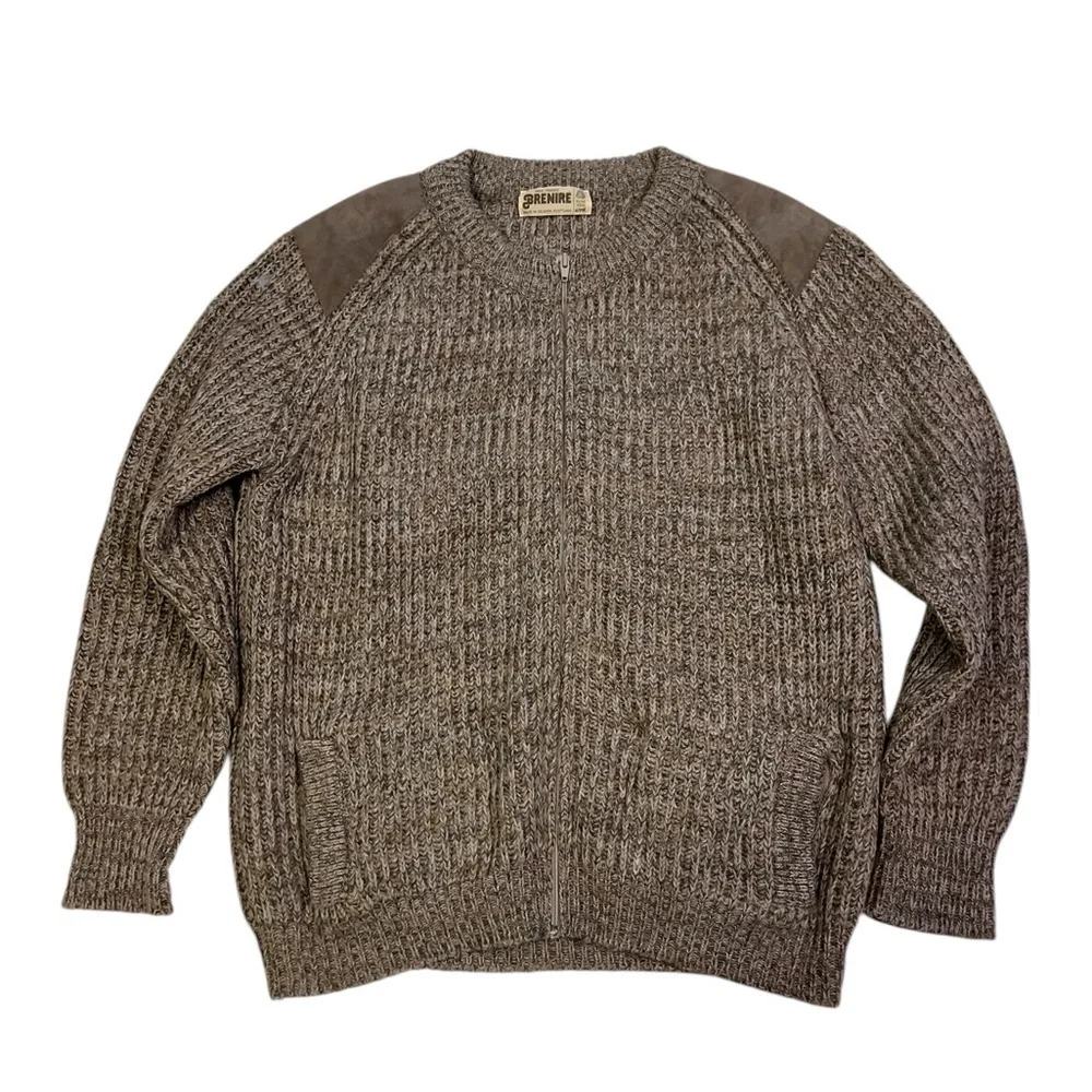 Brenire Scotland Mens Sweater Size L Full Zip 100% Wool Suede Patches Pockets - Picture 2 of 8